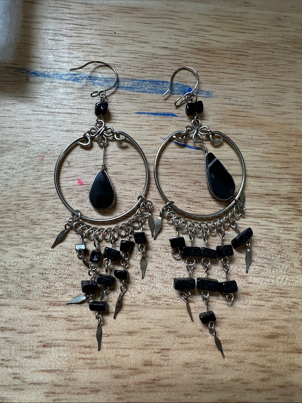Bohemian Black Stone Hoop Chandelier Earrings Silver Tone